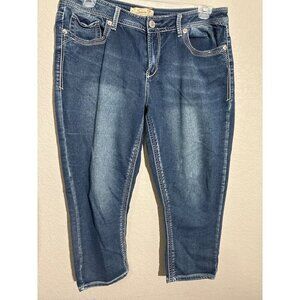 Seven7 Jeans Womens Size 14 Blue Denim Capri Medium Wash Embroidery pockets